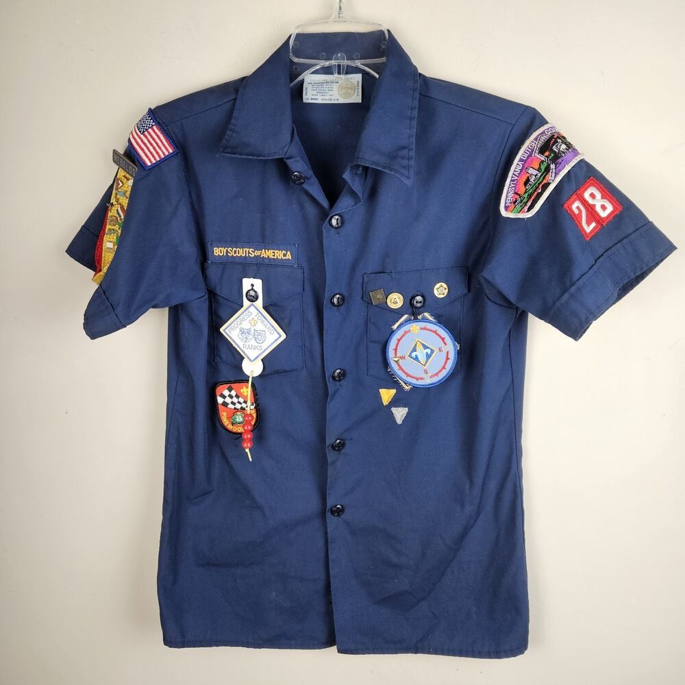 Vintage BSA Boy Scouts Cub Shirt Youth Large Short Sleeve Blue With Patches Pins